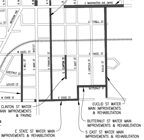 Map highlighting water main improvements and rehabilitation.