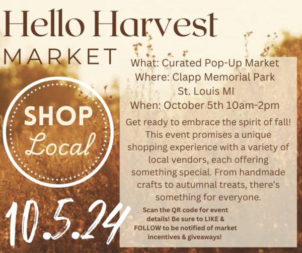 Hello Harvest Market promo image. All information in the image is included in the event description.