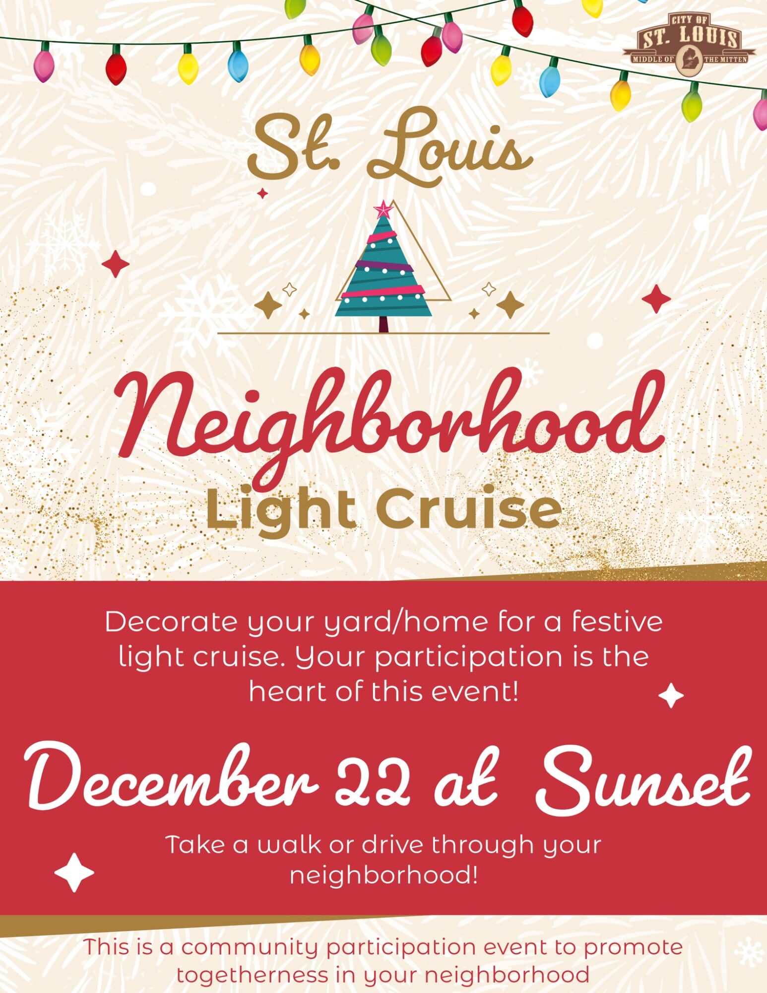 A promotional flier for the 2024 St. Louis Neighborhood Light Cruise featuring a gold and cream background., red letters and textbox, and an image of a Christmas tree.